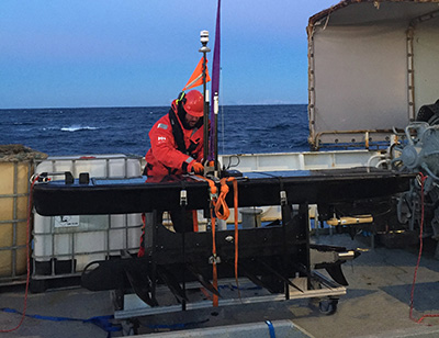 The Wave Glider being prepared for deployment